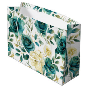 Romantic Teal Green Cream Rose Floral Large Gift Bag