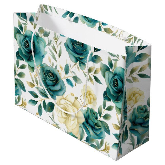 Romantic Teal Green Cream Rose Floral Large Gift Bag (Back Angled)