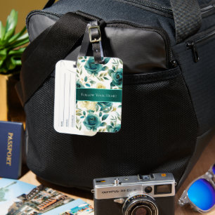 Romantic Teal Green Cream Rose Floral Luggage Tag