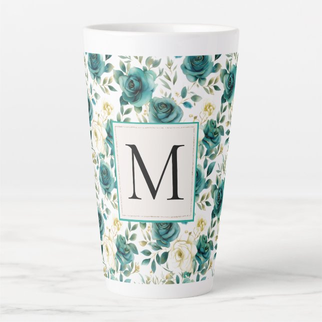 Romantic Teal Green Cream Rose Floral Monogram Latte Mug (Front)