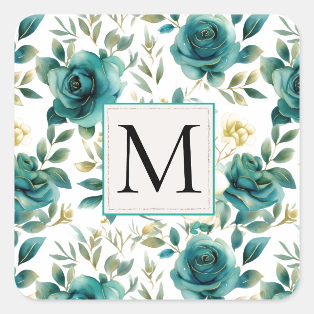 Romantic Teal Green Cream Rose Floral Monogram Square Sticker (Front)