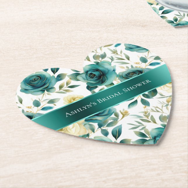 Romantic Teal Green Cream Rose Floral Paper Coaster (Angled)