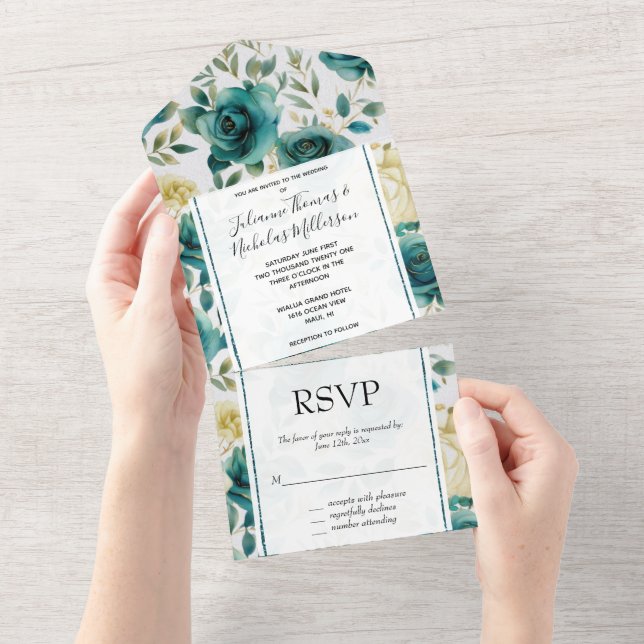 Romantic Teal Green Cream Rose Floral Wedding All In One Invitation (Tearaway)