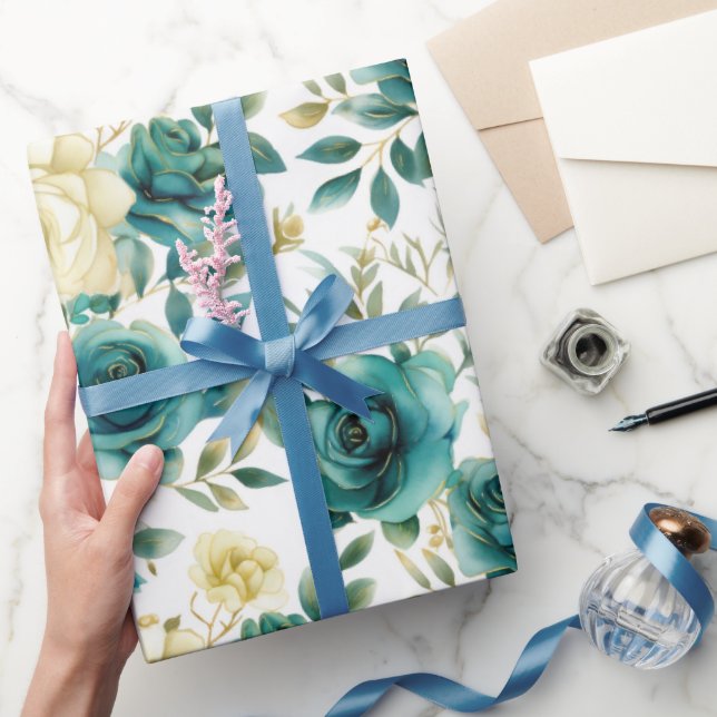 Romantic Teal Green Cream Rose Floral Wrapping Paper (Gifting)