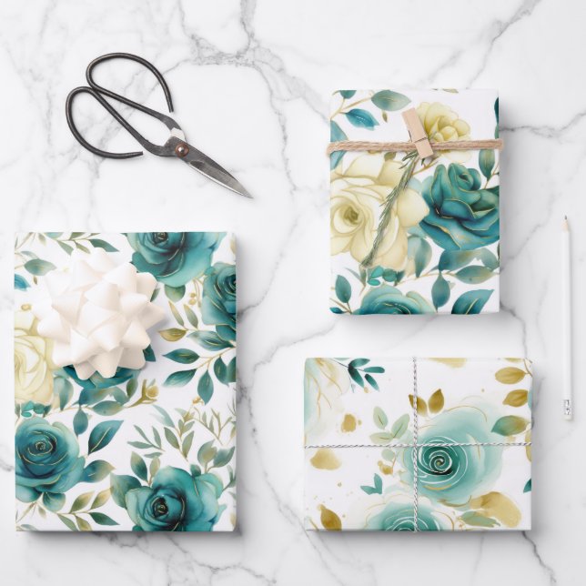 Romantic Teal Green Cream Rose Floral Wrapping Paper Sheet (Front)
