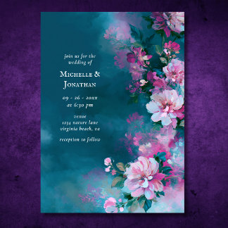 Romantic Teal Pink Flowers | Floral Wedding Invitation