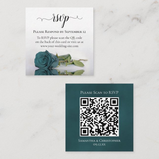 Romantic Teal Rose Elegant Wedding RSVP QR Code Enclosure Card (Front/Back)
