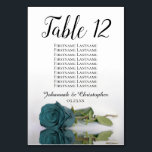 Romantic Teal Rose Elegant Wedding Seating Chart Table Number<br><div class="desc">These table number cards will make it easy for your guests to find their seats at your wedding reception. They feature a simple yet elegant design with lacy script calligraphy and a single teal or turquoise coloured rose lying on its side with ripples waves and reflections. The card includes a...</div>