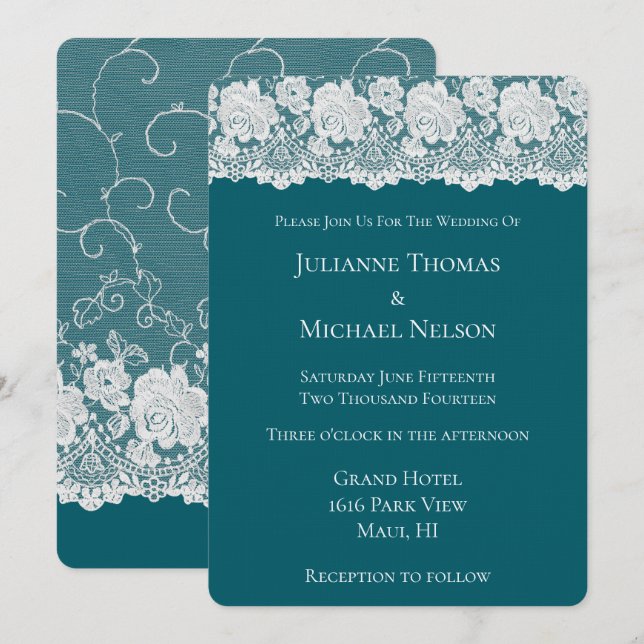 Romantic Teal White Lace Floral Wedding Invitation (Front/Back)