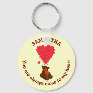 Romantic teddy bear and red heart personalised key ring