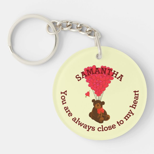 Romantic teddy bear and red heart personalised key ring (Front)
