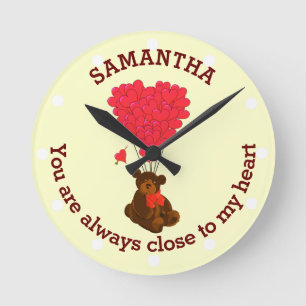Romantic teddy bear and red heart personalised round clock