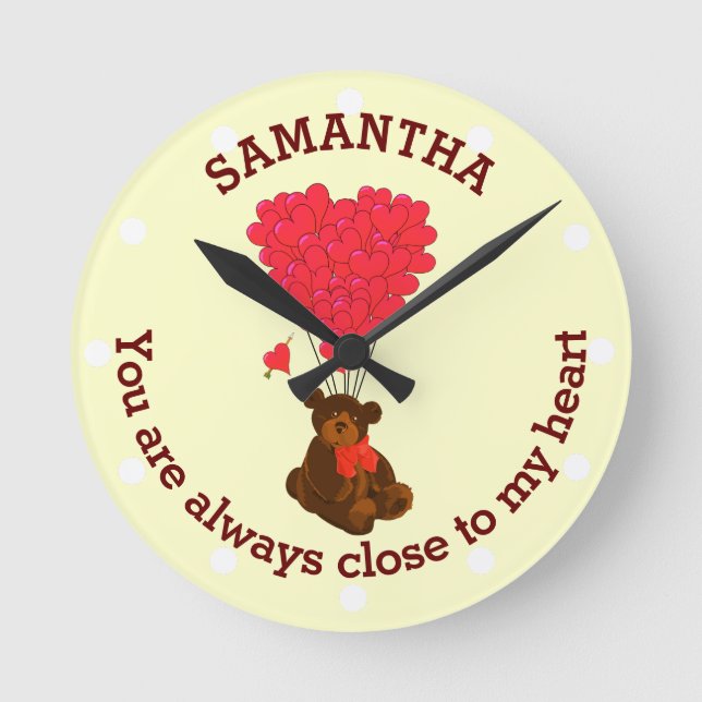 Romantic teddy bear and red heart personalised round clock (Front)