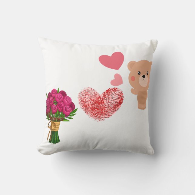 Romantic Teddy Bear Love Throw Pillow – Cute Valen (Front)