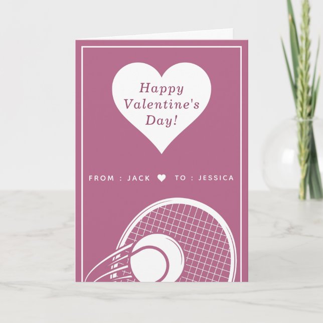 Romantic Tennis Valentines Day Racket Ball & Names Holiday Card (Front)