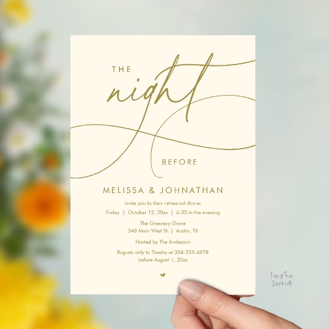 Romantic The Night Before Wedding Rehearsal Dinner Invitation (Romantic The Night Before Wedding Rehearsal Dinner Invitation card in yellow gold)