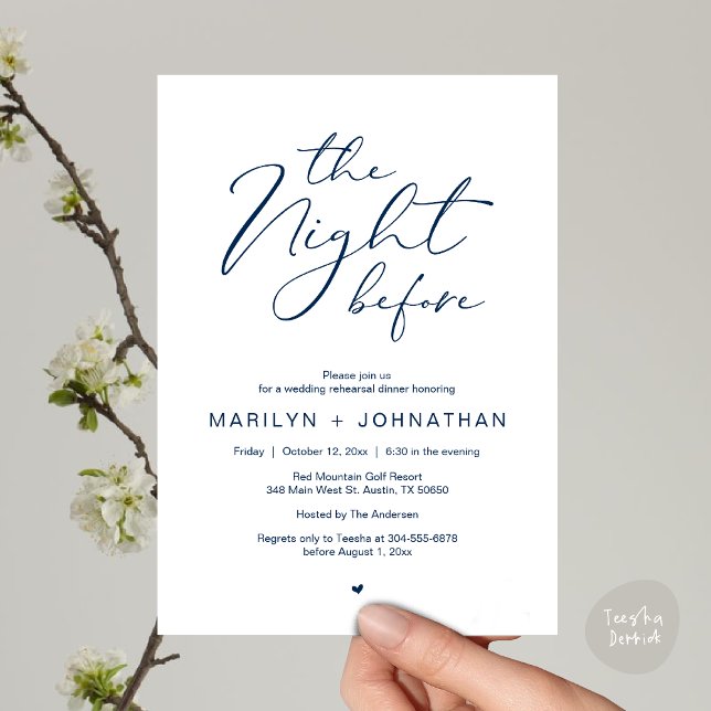 Romantic The Night Before Wedding Rehearsal Dinner Invitation (Romantic The Night Before Modern Wedding Rehearsal Dinner Invitation Card PDF Classy Navy Blue)