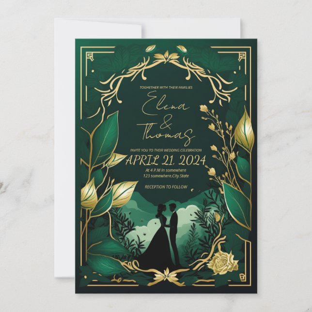 Romantic theme in Green and Gold. Invitation (Front)