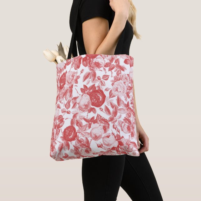 Romantic Toile Red Roses Floral Pattern on White Tote Bag (Close Up)
