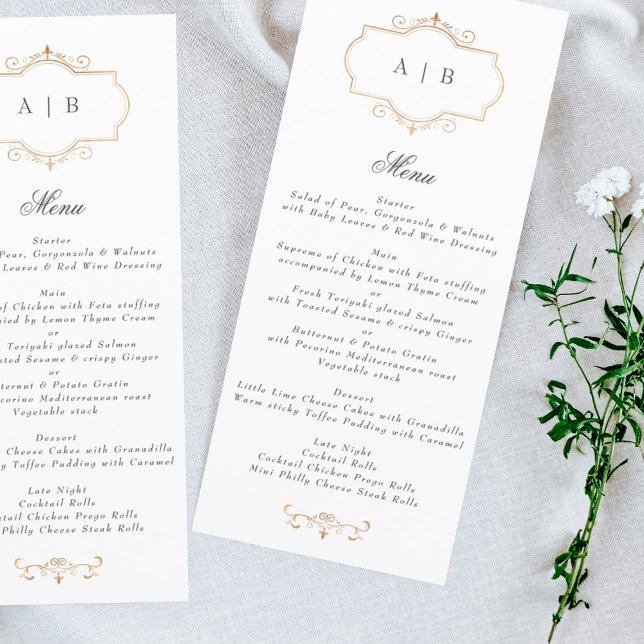 romantic traditional gold monogram wedding menu (Creator Uploaded)