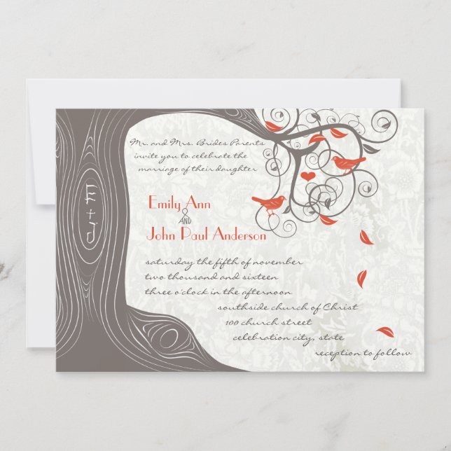 Romantic Tree Coral  Love Bird Wedding Invitations (Front)