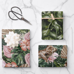 Romantic Tropical leopard Floral soft Pink Green Wrapping Paper Sheet