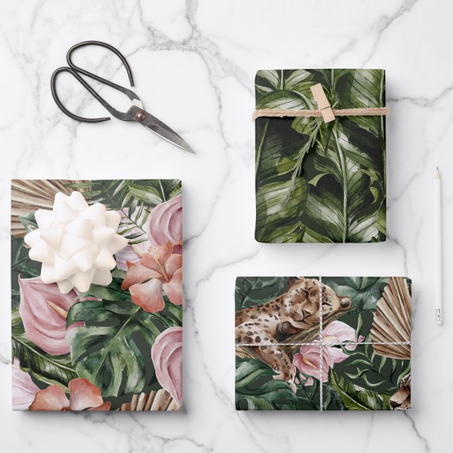 Romantic Tropical leopard Floral soft Pink Green Wrapping Paper Sheet (Front)