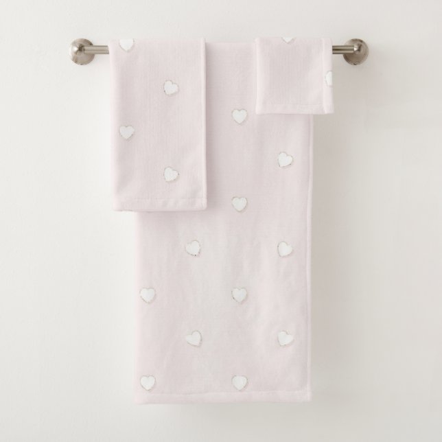 Romantic True Love White Hearts Pink Valentine Bath Towel Set (Insitu)