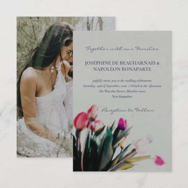 Romantic tulips watercolor with photo wedding invitation (Front/Back)