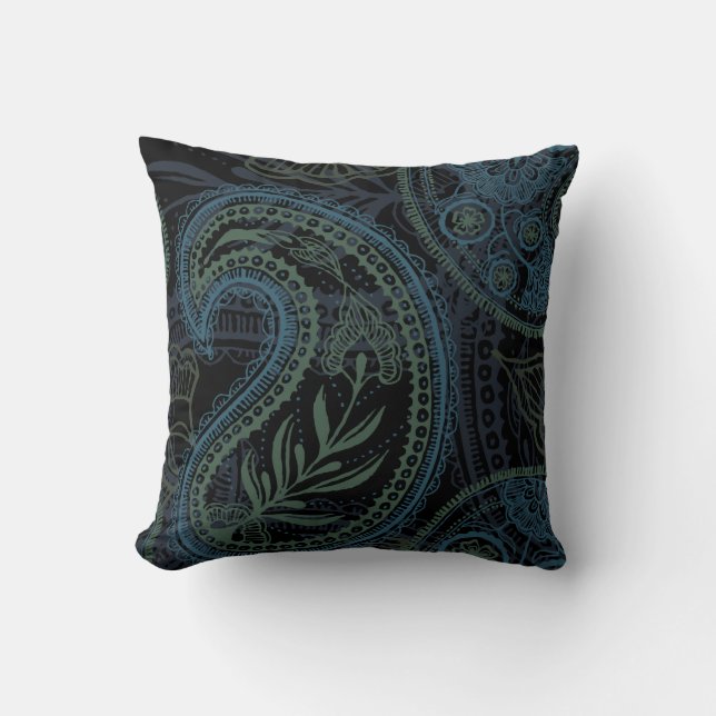 Romantic Turquoise, Blue & Green Paisley Cushion (Front)
