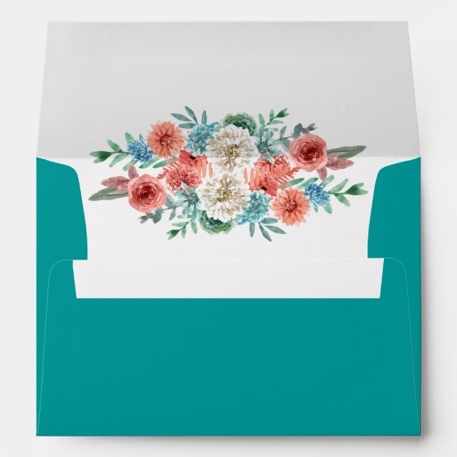 Romantic Turquoise | Peach Floral Wedding Envelope (Back (Bottom))