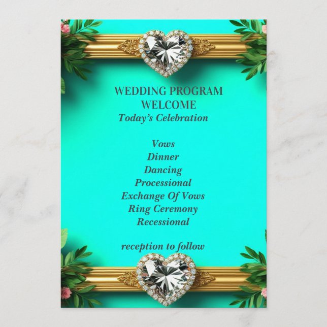 Romantic Turquoise Pink Rose Wedding Ceremony 💍 Programme (Front)