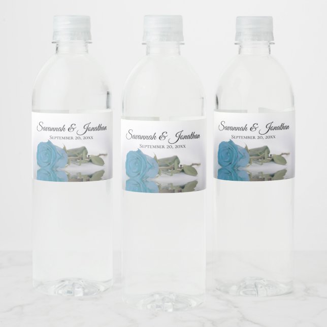 Romantic Turquoise Sky Blue Rose Elegant Wedding Water Bottle Label (Bottles)