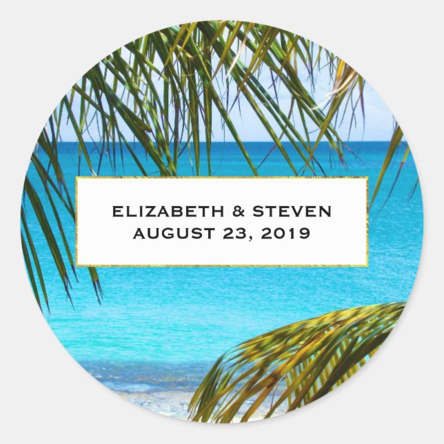 Romantic Turquoise Tropical Beach Wedding Classic Round Sticker (Front)