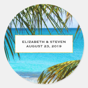 Romantic Turquoise Tropical Beach Wedding Classic Round Sticker