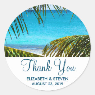 Romantic Turquoise Tropical Beach Wedding Thanks Classic Round Sticker