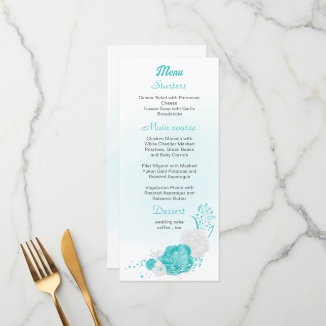 Romantic turquoise white floral wedding menu (Front/Back In Situ)