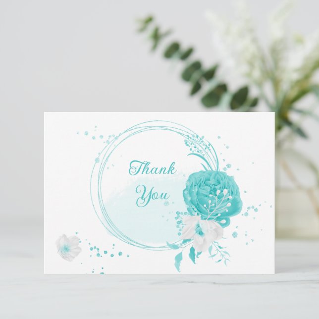 romantic turquoise white flowers botanical wedding thank you card (Standing Front)