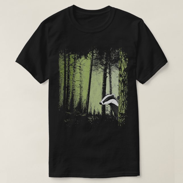 Romantic Twilight Forest with Badger Drawing  T-Shirt (Design Front)