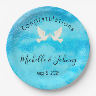 Romantic - two doves with pink heart on blue paper plate