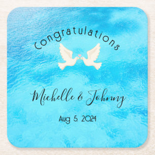 Romantic - two doves with pink heart on blue square paper coaster