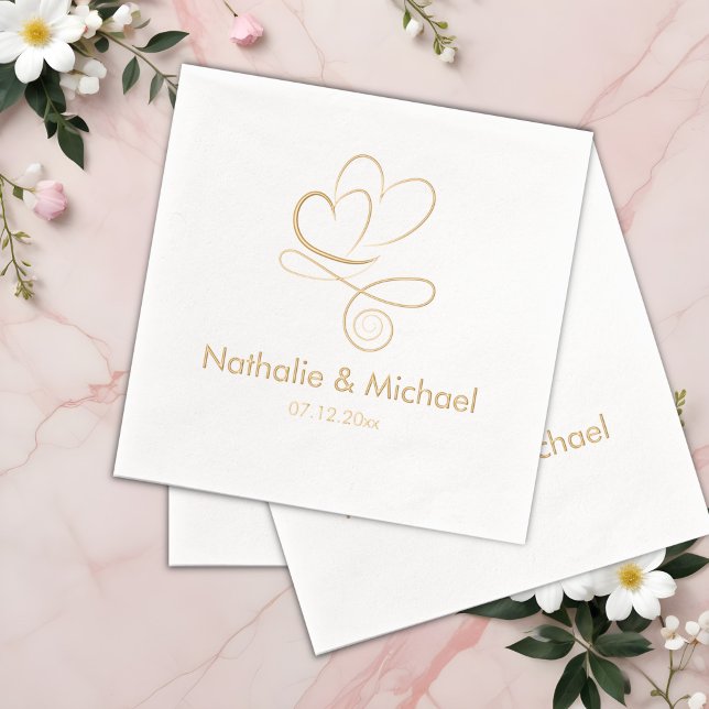 Romantic Two Hearts Custom Names & Date Foil Napkins (Creator Uploaded)