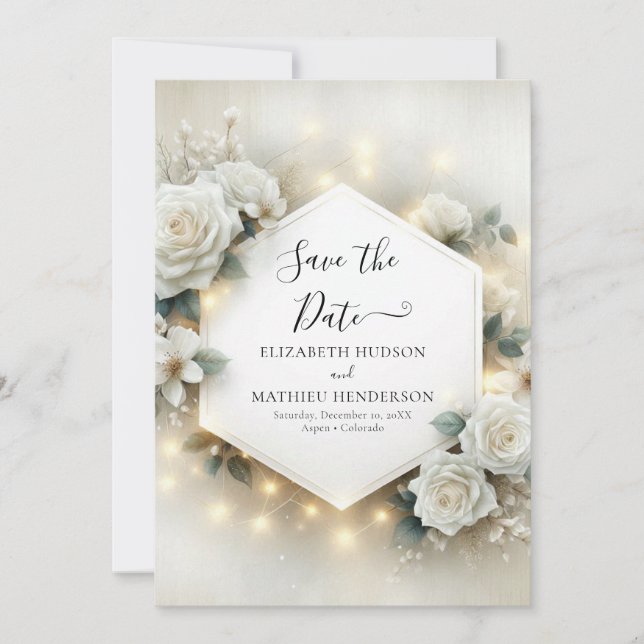 Romantic Typography White Roses Wedding Save The Date (Front)