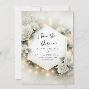 Romantic Typography White Roses Wedding Save The Date