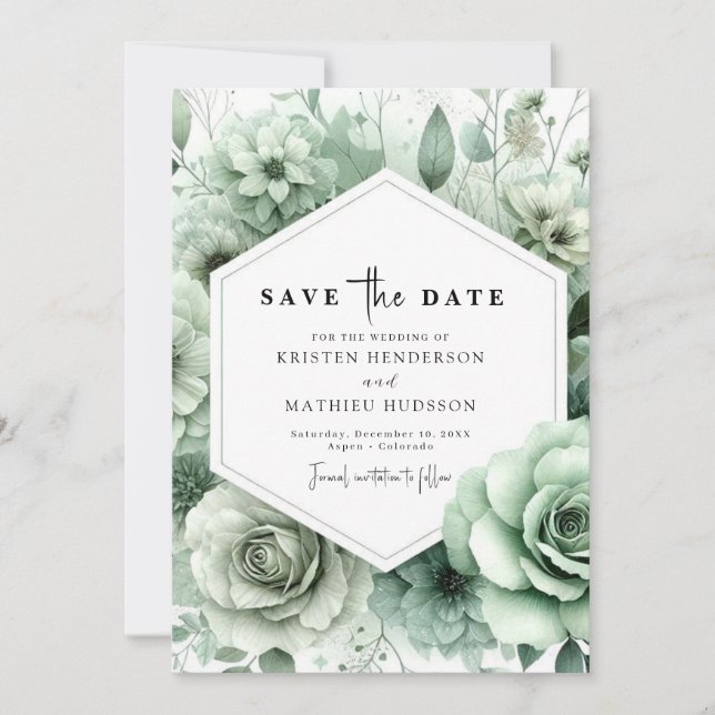 Romantic Unique Floral Sage Green Wedding Save The Date (Front)