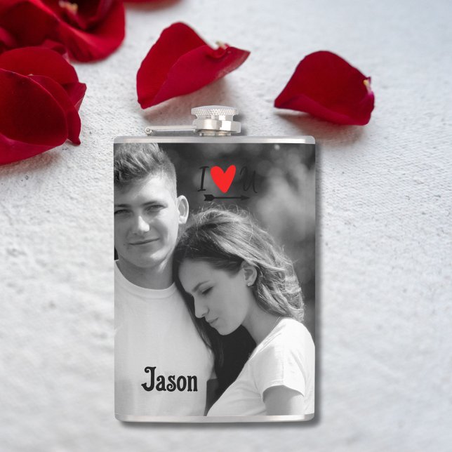 Romantic Valentine Couple Photo I Red Heart U Name Hip Flask (Creator Uploaded)