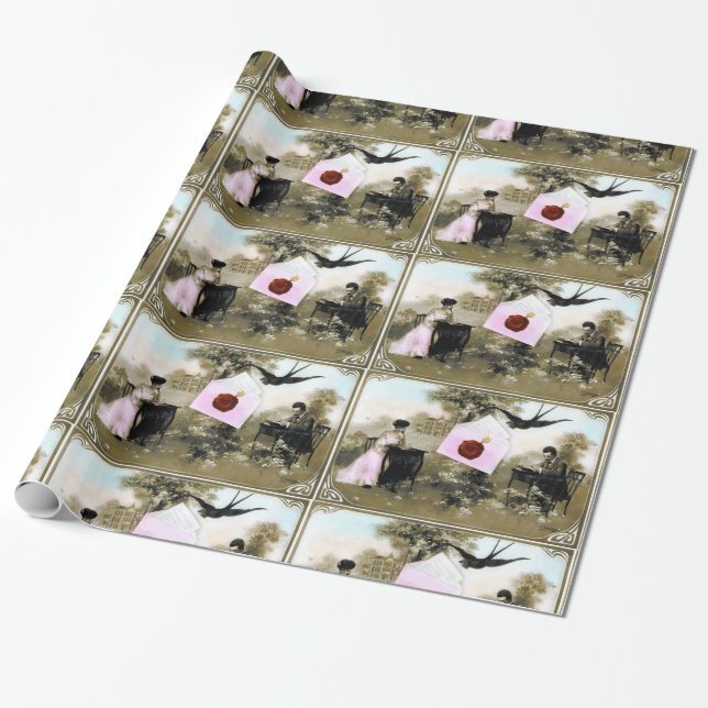 ROMANTIC VALENTINE LETTER ,RED WAX SEAL WITH HEART WRAPPING PAPER (Unrolled)