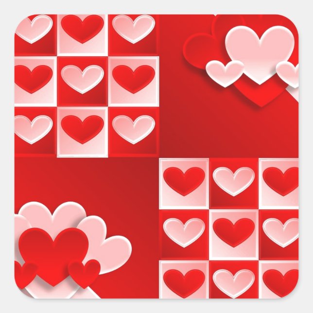 Romantic Valentine Love Hearts Red White Heart Square Sticker (Front)