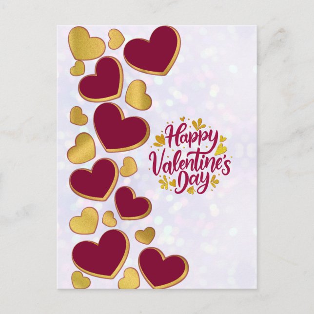 Romantic Valentine's Day | Burgundy & Gold Heart Invitation Postcard (Front)