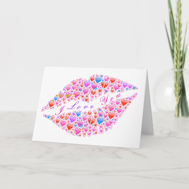 Romantic Valentine's Day Card Hearts Kiss Lips (Front)